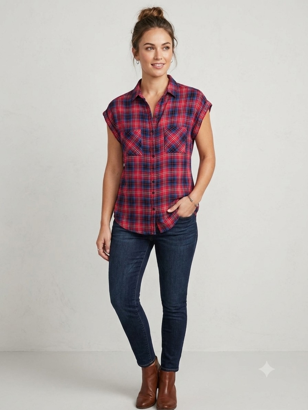 Seven7 Red & Blue Plaid Cap-Sleeve Button-Down Shirt.      (WS 11)